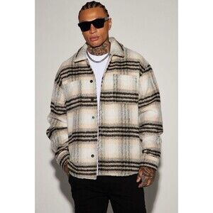 Mens Plaid Button Up Shacket Jacket Beige Black Wool Blend Size L NWT